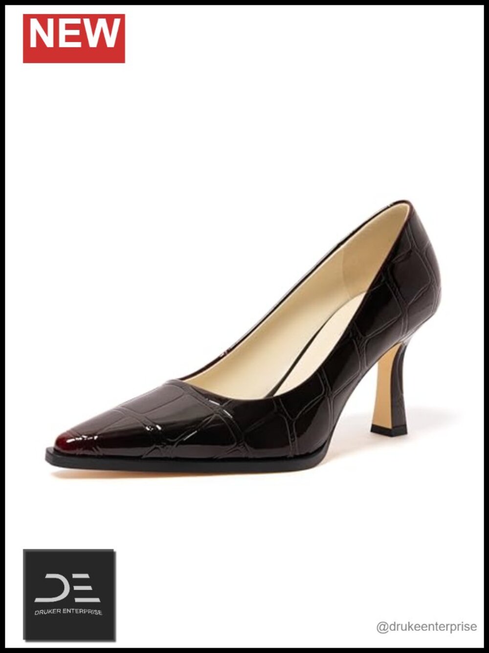Women's Pointed Toe Mid Heel Pump Shoes Croc-Embossed Patent Dress Heels